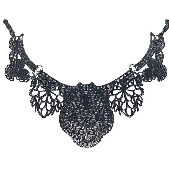 Stylized Swooping Bird Japanned Black Filagree Metal and Rhinestone Bib Necklace - Picture 5 of 5
